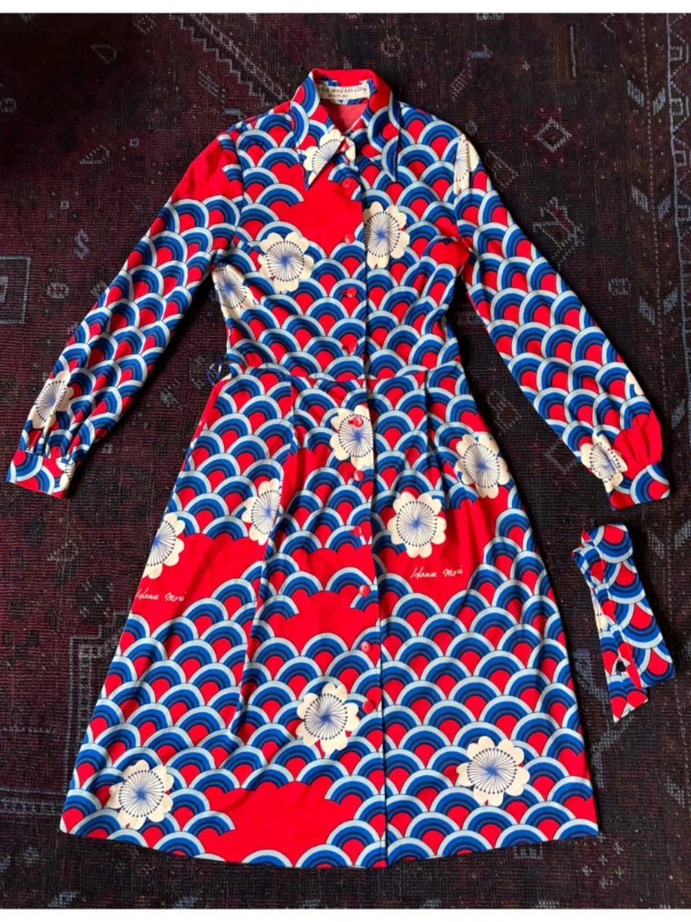 RARE Vintage Hanae Mori Midi Shirt Dress | Seigaiha Wave & Floral | Sz 2 Xs S - Picture 1 of 10